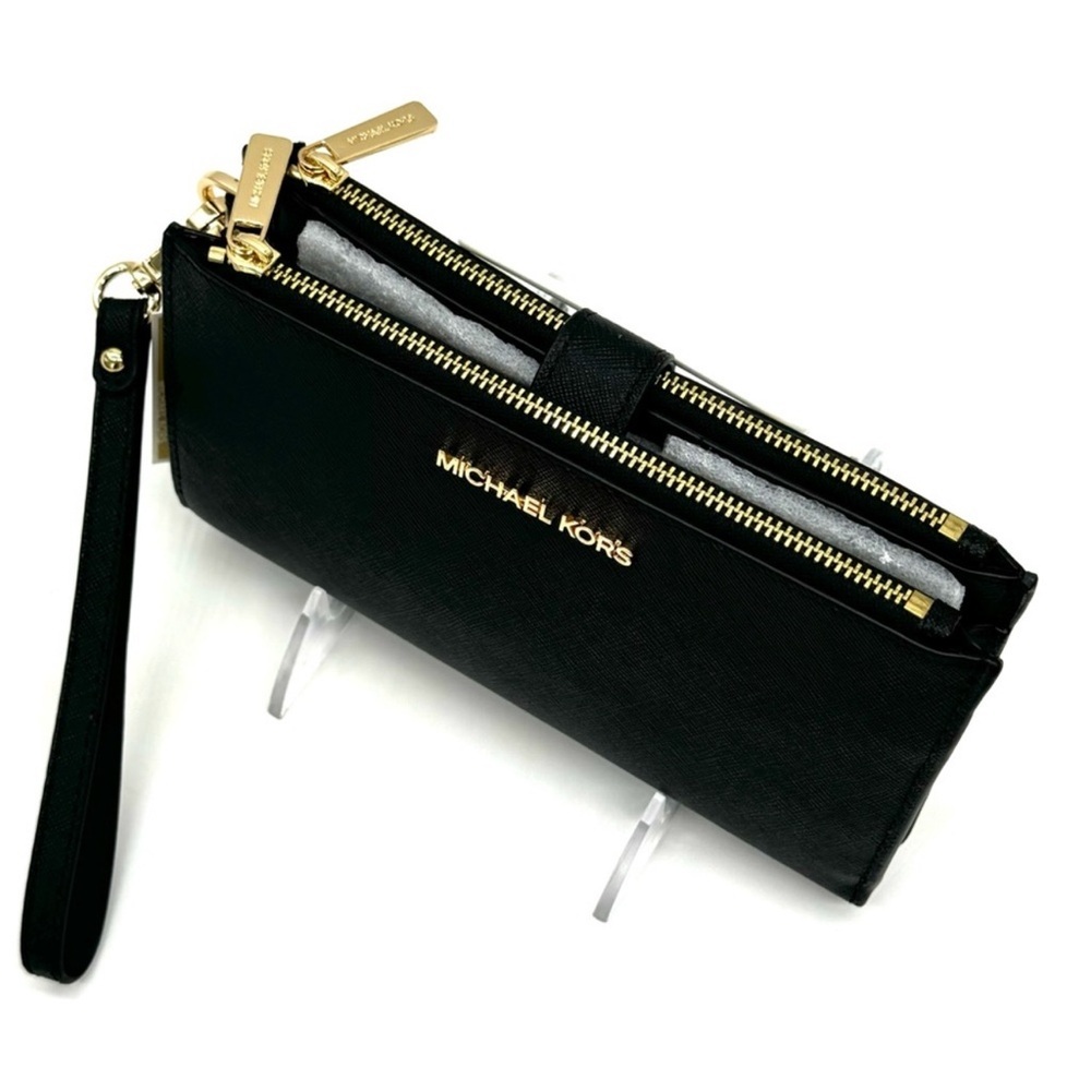 Michael Kors Large Double Zip Wallet Wristlet Black/Gold - Picture 7 of 9